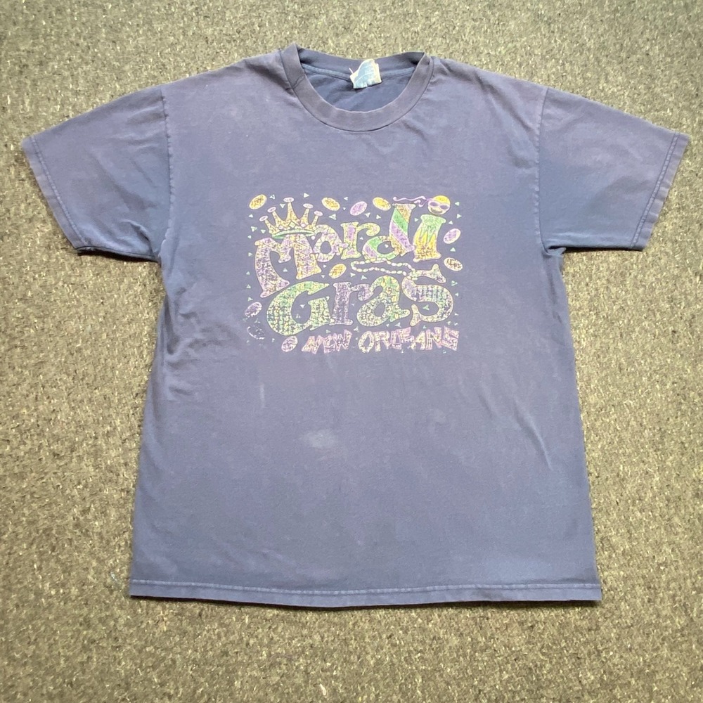 Mardi Gras New Orleans TShirt Sz L Mens Blue Purple Retro Souvenir Graphic Tee